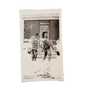 Vtg B&W Photo 1942 Found Ladies Sweeping Snow Blizzard Front of House Snapshot